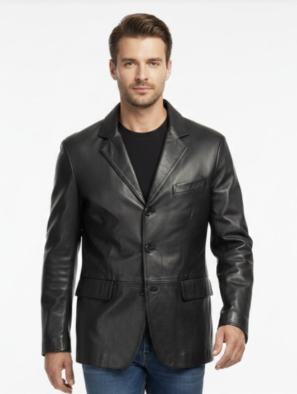 EXCELLED! LUXURIOUS BLACK GENUINE LEATHER TAILORED DREES JACKET, BLAZER! SZ M